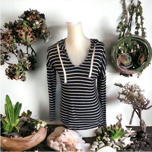 Heart & Hips Lightweight Black and White Striped Hooded Sweater